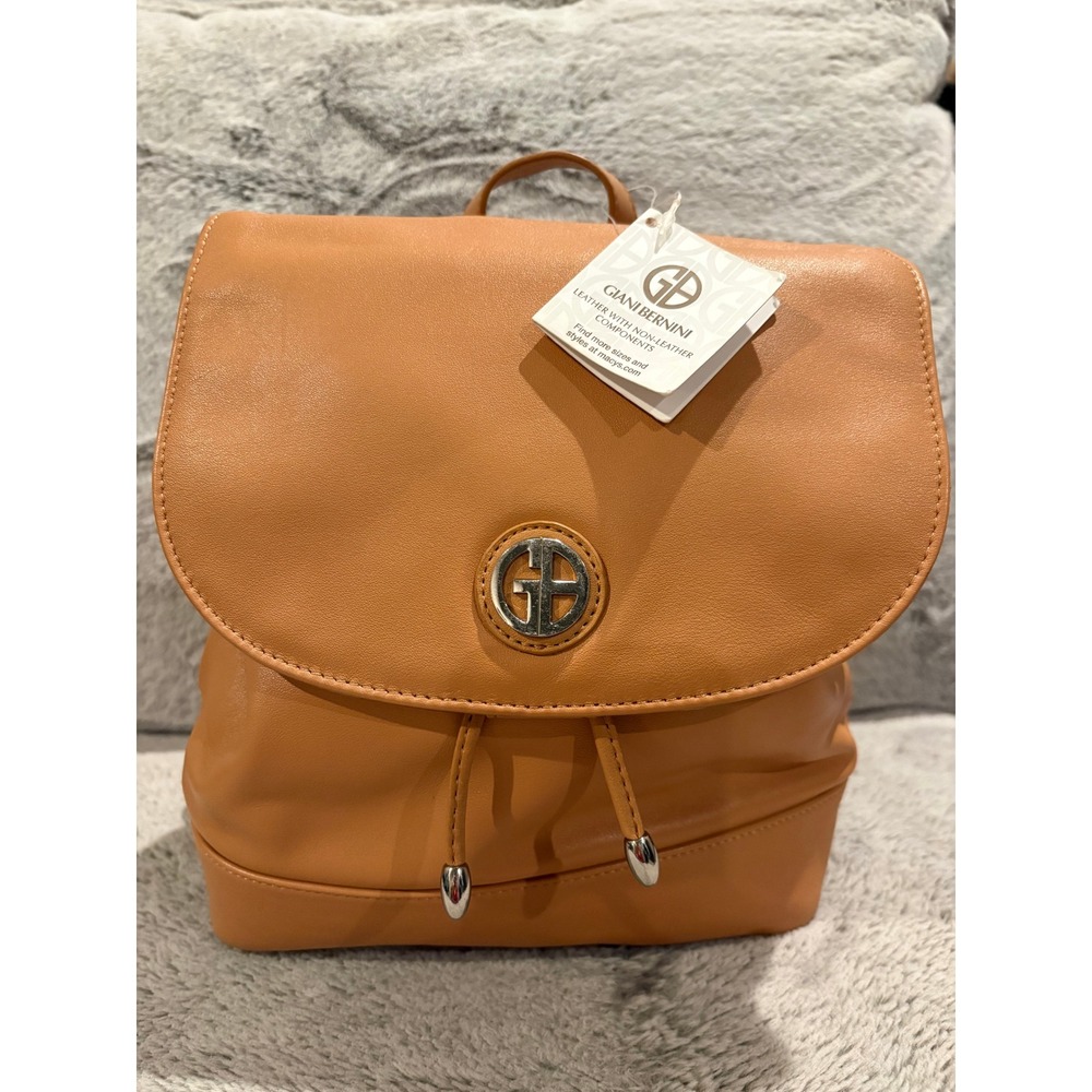 Giani Bernini Tan Leather‎ Backpack Flap Drawstring Silver Logo Medallion NWT